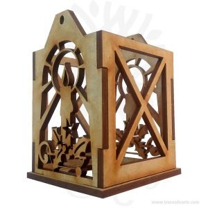 Hermoso farol pequeño tiene un diseño de vela en dos  lados, donde la luz es reflejada fuera es una linterna en MDF de 3 mm.