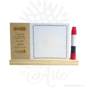 Tablero borrable multiusos para escritorio para personalizar  sus medidas son 22 x 16 x 3 cm (Incluye base), el tablero permite dibujar o escribir con marcador borrable. Este tablero blanco de diseño minimalista hace que el pizarrón sea más moderno que agregue un toque de estilo. Ligero y compacto, útil en la habitación de los niños, la oficina, la escuela o el preescolar Este bello tablero practico para la planificación de eventos de oficina, trabajo, escuela o preescolar. Tiene una dureza perfecta para una mejor resistencia a los arañazos Este es un maravilloso regalo, suvenir; empresarial o para amigos y familiares. Hermosos recuerdo de excelente calidad hecho en corte láser, se puede personalizar por grabado láser o impresión en rígido color. También es perfecto como reconocimientos, recordatorios entre otros. Podemos diseñar a pedido y grabado personalizado, con su logo para todas las disciplinas o eventos. Tenga en cuenta que la madera es un material único, por lo que cuándo lo reciba será similar, no exactamente al de la foto. Tablero borrable multiusos para escritorio Material: Pino y MDF Color: Natural Tamaño: 22 x 16 x  3 cm (incluye base) El precio incluye personalización básica similar foto y marcador borrable, (si su diseño es mas complejo te podemos cotizar). Fecha estimada de entrega: De 5 a 6 días hábiles (en Bogotá, Medellín, Cali), al resto del  país de 7 a 14 días. Recuerda que el tiempo de entrega comienza a partir del momento en que tu pago sea confirmado. Todos los productos son entregados al domicilio que informaste al realizar la compra. Vendido y enviado por: Trazos de Arte. Envío rápido y seguro. Personalización Realiza un pedido personalizado, podemos agregar lo que desees, como nombre, fecha, frase, logotipo, imagen o empaque regalo. Ofrecemos: Grabado por láser, grabado CNC Router, sublimado o papel adhesivo, el precio varía según el tipo de personalización que desees, encontrarás más información en “Servicios” en nuestro menú secundario. Si deseas cotizar o tienes preguntas presiona el botón Cotizar personalización con gusto las responderemos. ¿Cómo comprar? Selecciona tu producto. Si tienes alguna duda por favor escríbenos. Haz clic en el botón de compra y la cantidad que deseas. Ingresa los datos de facturación y entrega. Realiza el pago de tu pedido. Recibe el pedido en tu domicilio.