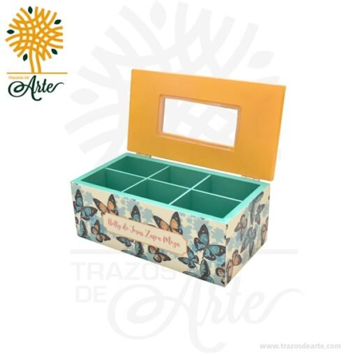 Caja para Té en MDF decorada  23 x 12 x 9 cm