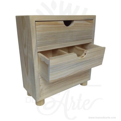 Caja organizador 3 cajones en madera de pino en crudo