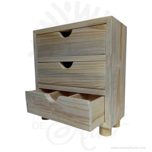 Caja organizador 3 cajones en madera de pino en crudo