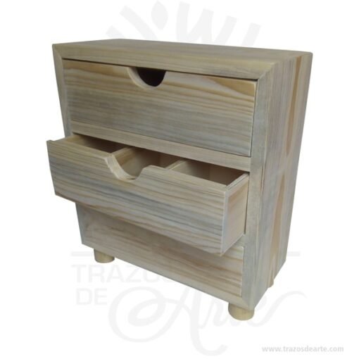 Caja organizador 3 cajones en madera de pino en crudo