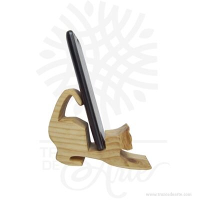 Soporte teléfono móvil gato en madera de pino